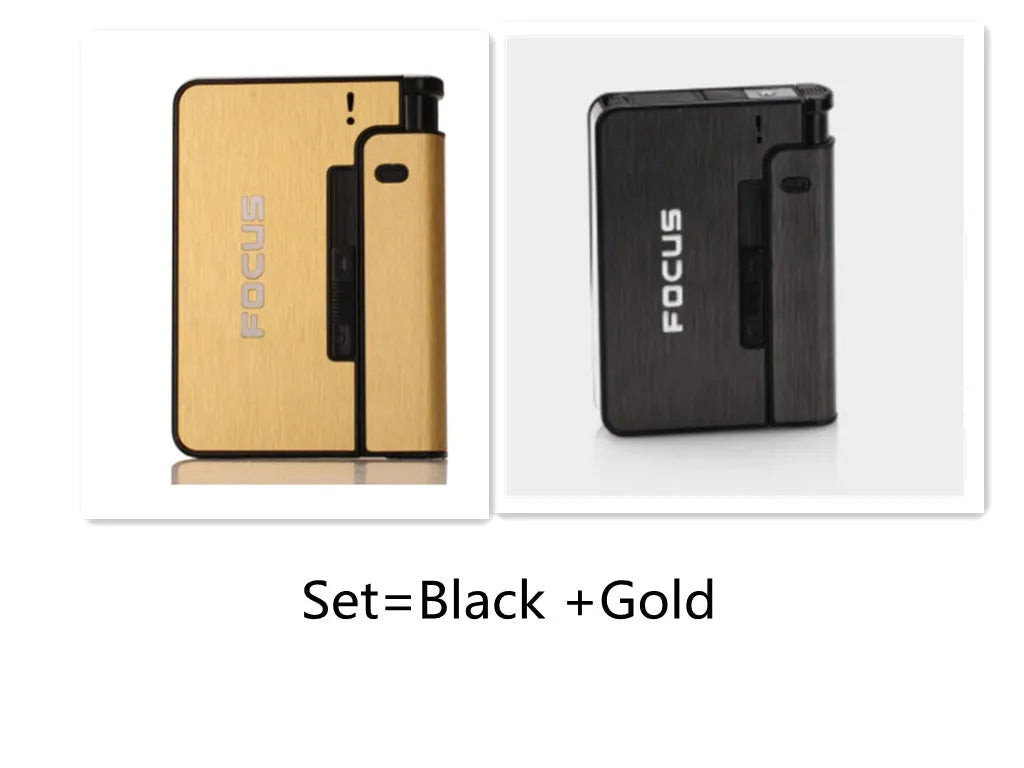 Aluminium alloy automatic cigarette case holding 8 cigarettes with one-button mechanism and lighter insert