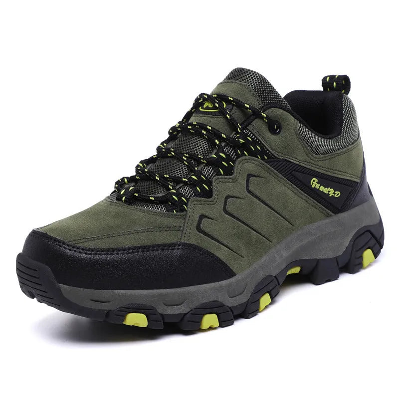 Men's outdoor hiking sports shoes with front zipper in army green, low-top rubber sole design
