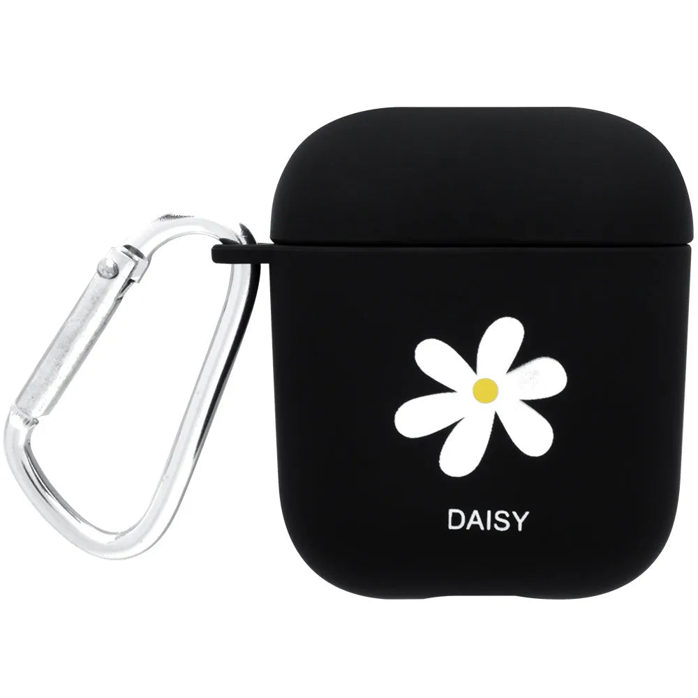 Black and Pink AirPods case covers with Flower, Love, and Smiley face emoji designs.