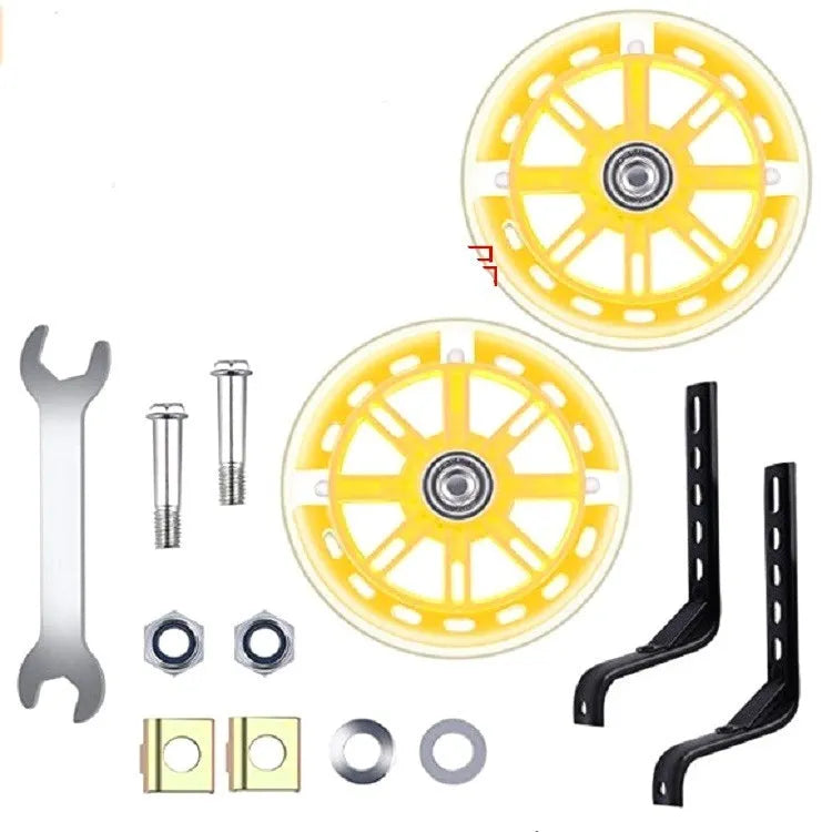 Children's bicycle training wheel set with glow feature and universal 12-20 inch bracket in assorted colours.