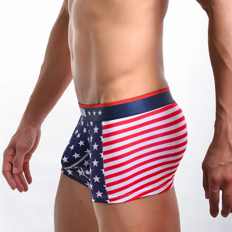 American flag printed ribbed boxers in red made from cotton and spandex, shown flat