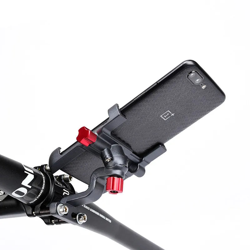 Aluminium alloy motorcycle phone holder with 360 degree rotation, bold screws and bold revolving stem, in black, gold, silver or titanium.