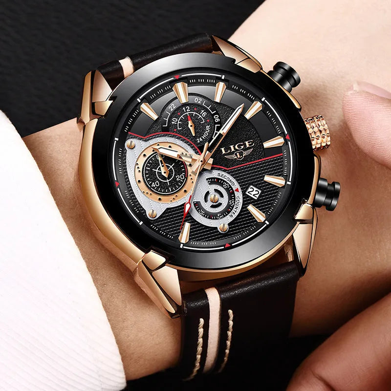 LIGE men's quartz chronograph watch with luminous hands, 45mm stainless steel case, leather band, 3Bar waterproof
