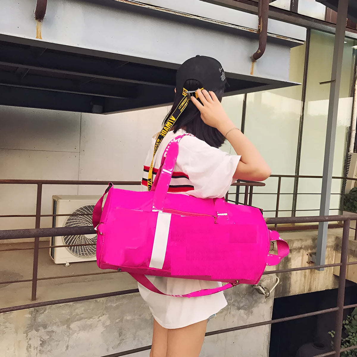 Large nylon fitness bag 20-35L cylindrical travel duffel with zip, soft handle, luggage belt, purple blue black pink grey