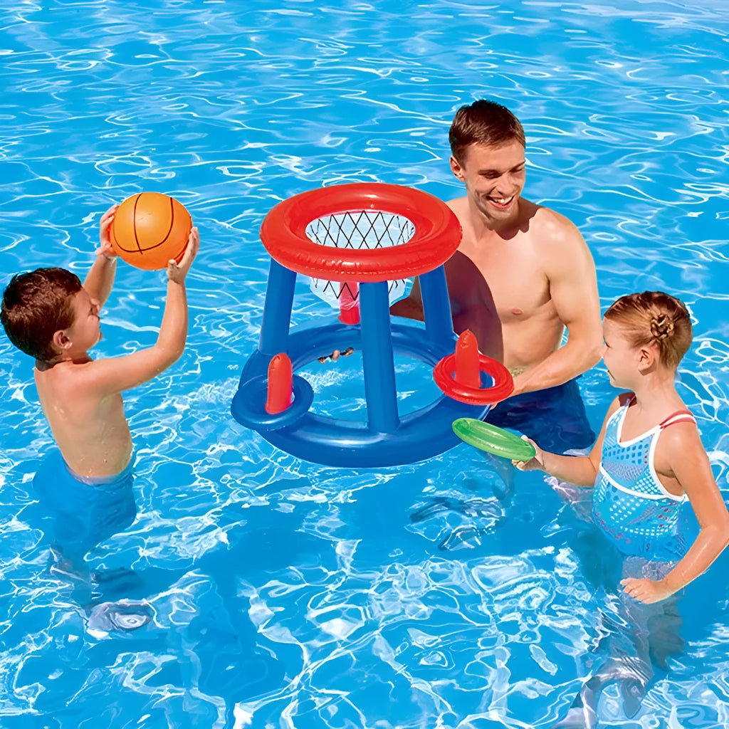 Inflatable floating pool basketball hoop with three coloured rings for summer water play set