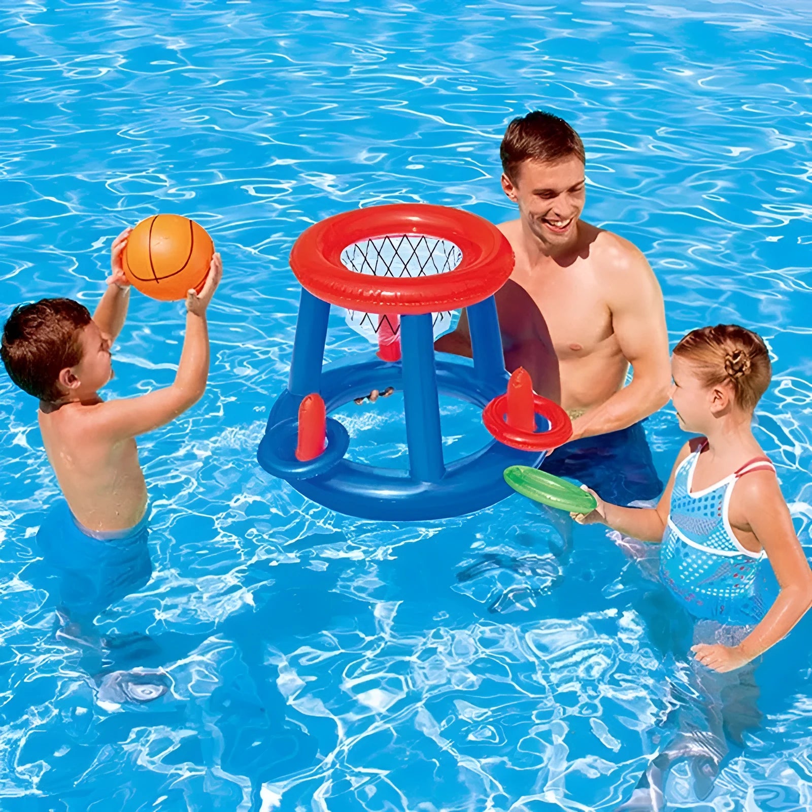 Inflatable floating pool basketball hoop with three coloured rings for summer water play set