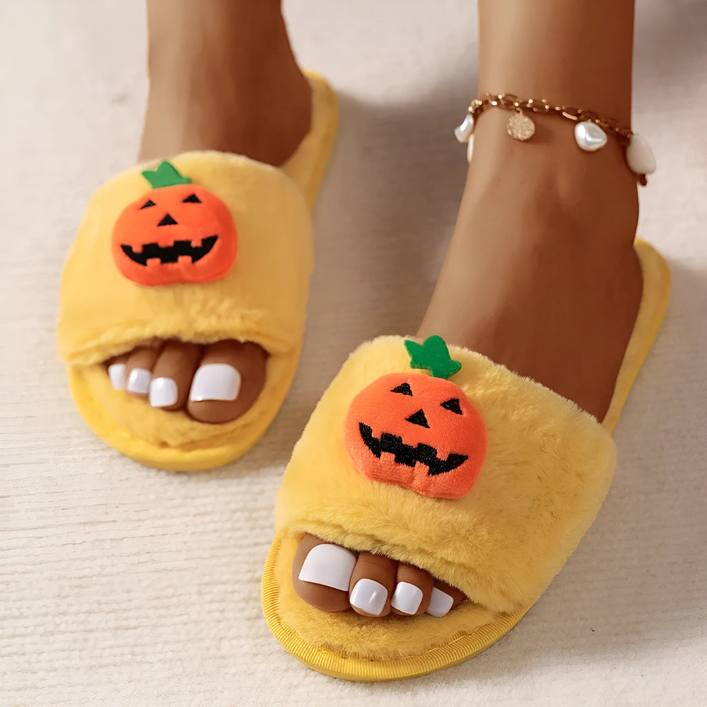 Women's white and yellow pumpkin cartoon plush open toe slippers on anti-slip PVC sole.