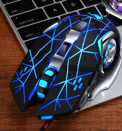 Wired gaming mouse with 1600dpi optical sensor, six buttons, touch wheel, and 1.2m USB cable in black.