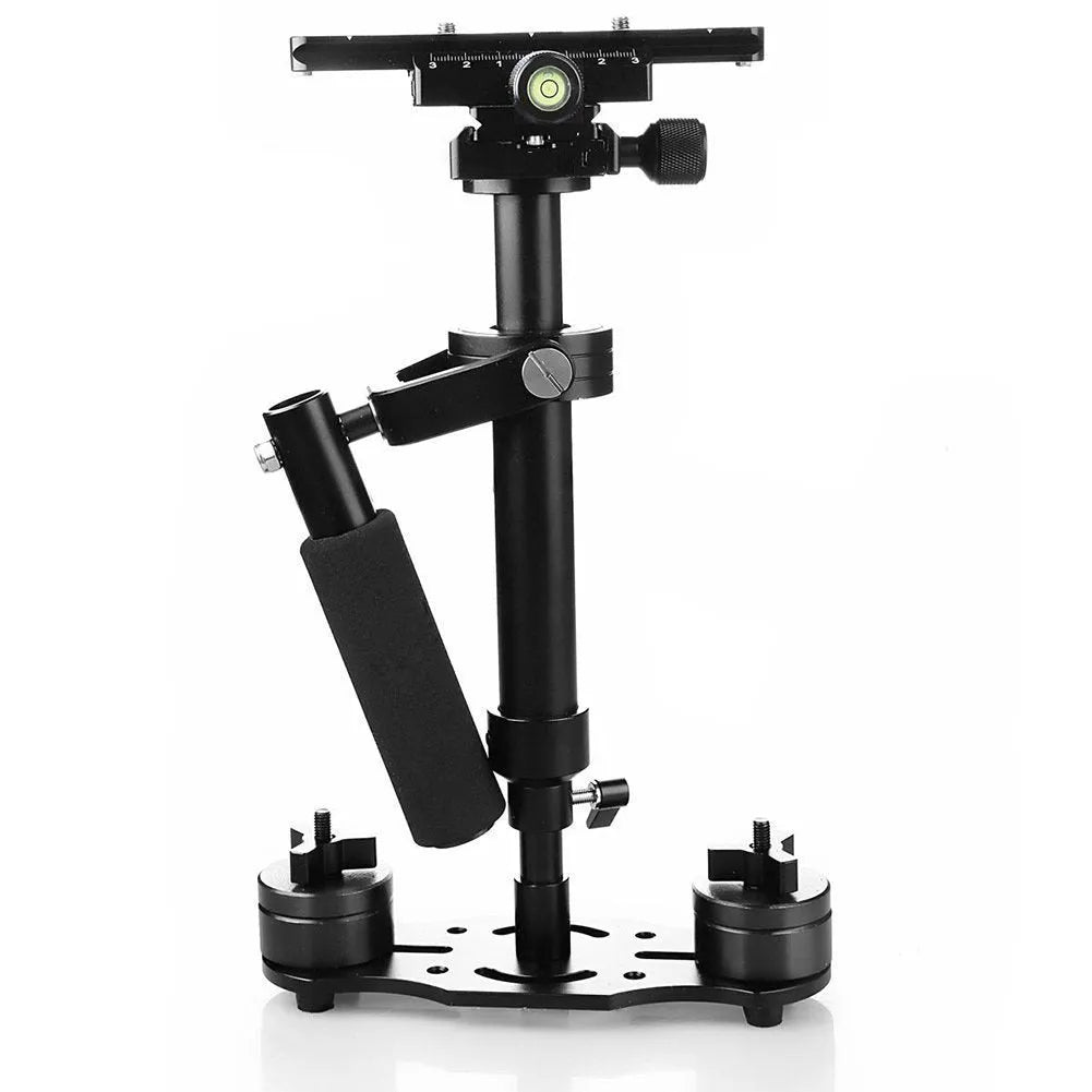 Black aluminum handheld camera stabilizer with adjustable height mechanism and grip handle