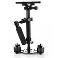 Black aluminum handheld camera stabilizer with adjustable height mechanism and grip handle