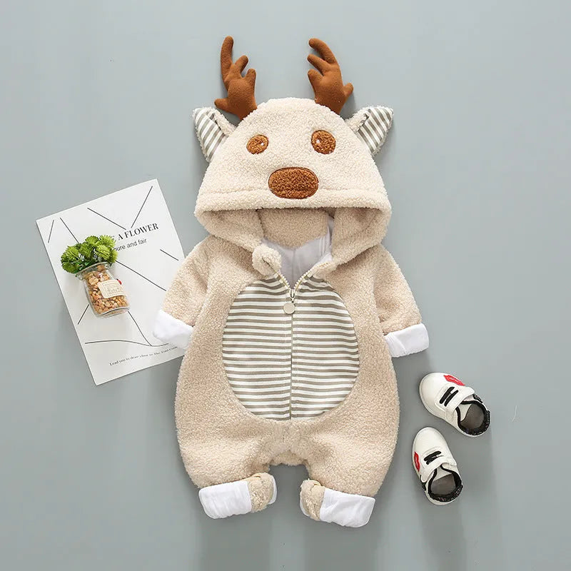 Long-sleeved baby romper with front lace-up strap closure in a khaki colour.
