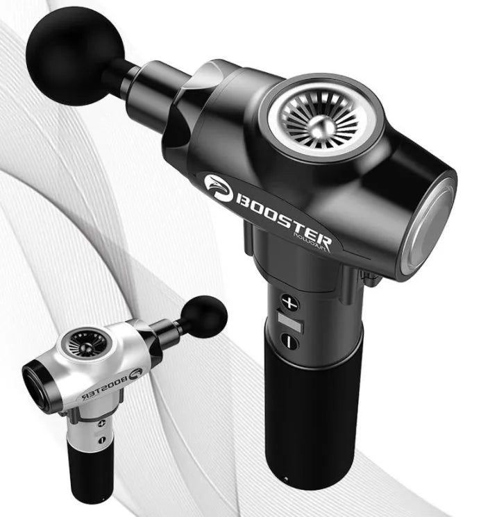 Black and white muscle massage gun with adjustable speed settings for muscle relaxation.