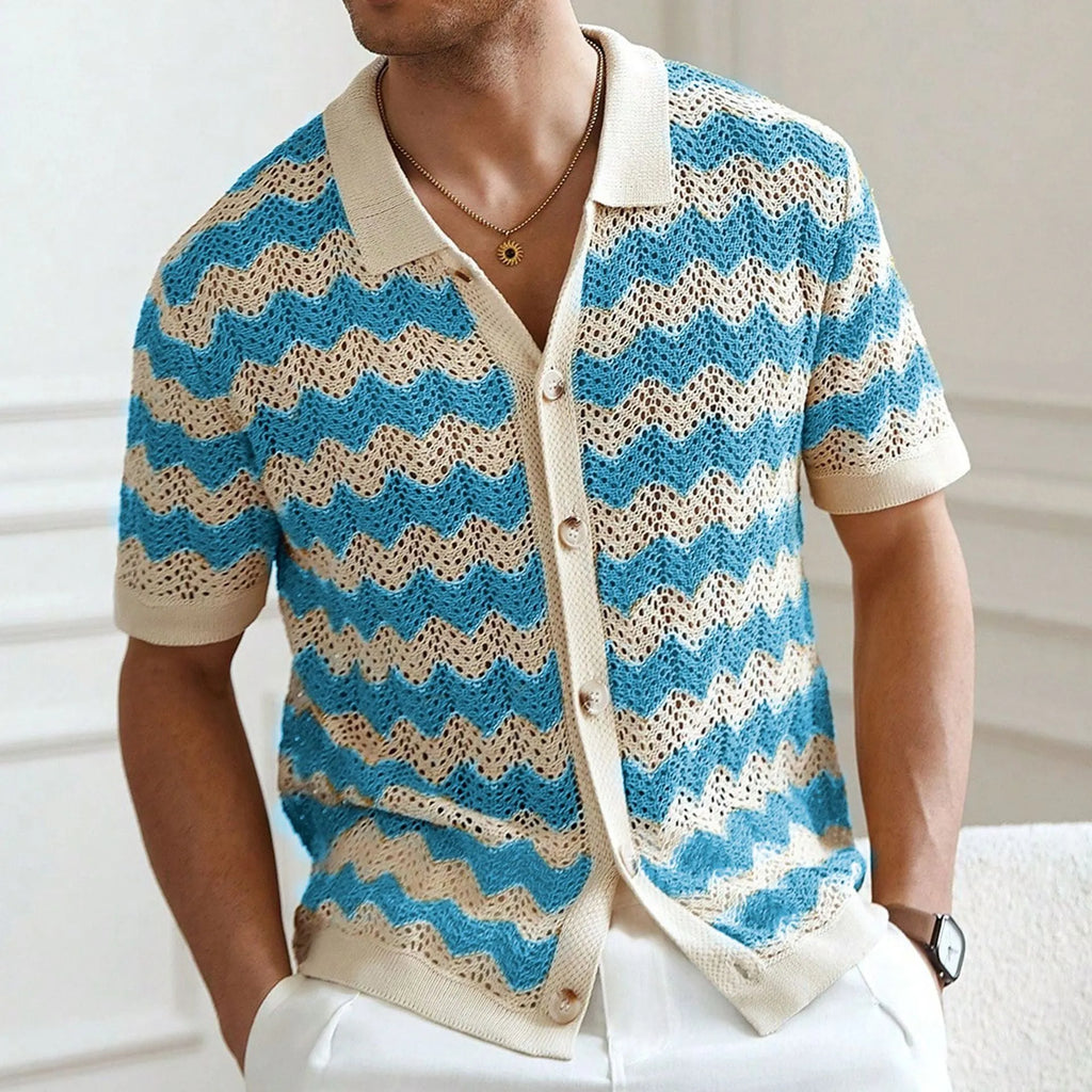 Short sleeve corrugated sweater in Tencel viscose with a textured hollow jacquard and flocked finish.