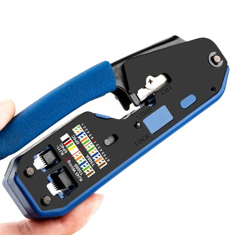 RJ45 network crimper and cable stripper in black or blue, 21 x 136mm, with non-slip handle and security lock