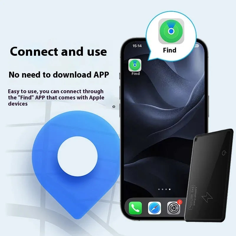 Locator smart wallet anti-loss alarm device in black ABS, 85x54x3.28mm, on a flat surface