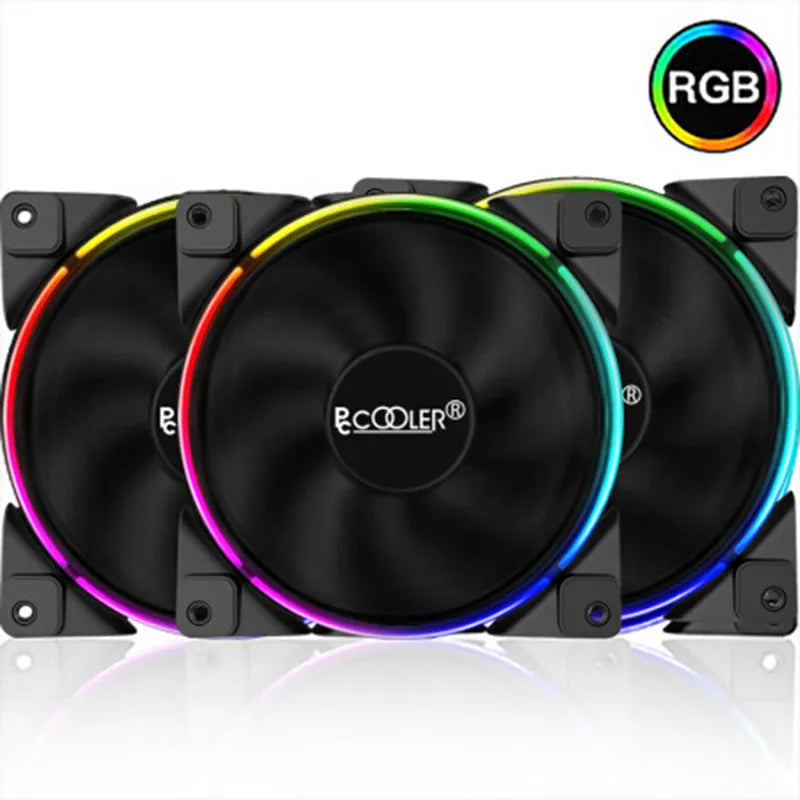 Set of three black 120mm RGB illuminated PC cooling fans for computer case installation.