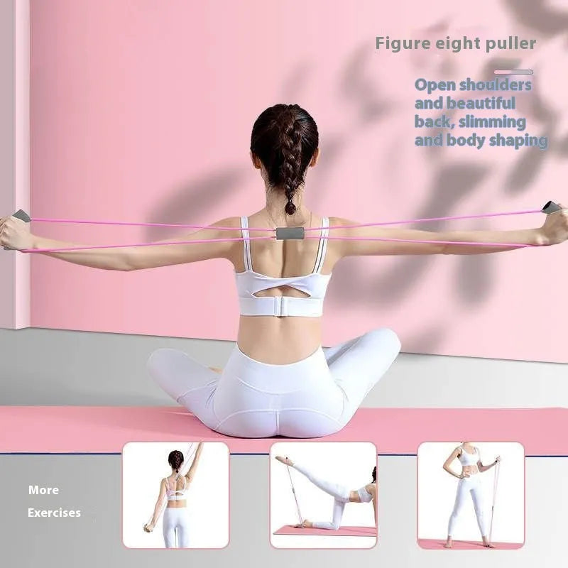 Yoga four piece set showing leg stretching device, yoga ring, pedal tensioner and figure eight tension rope