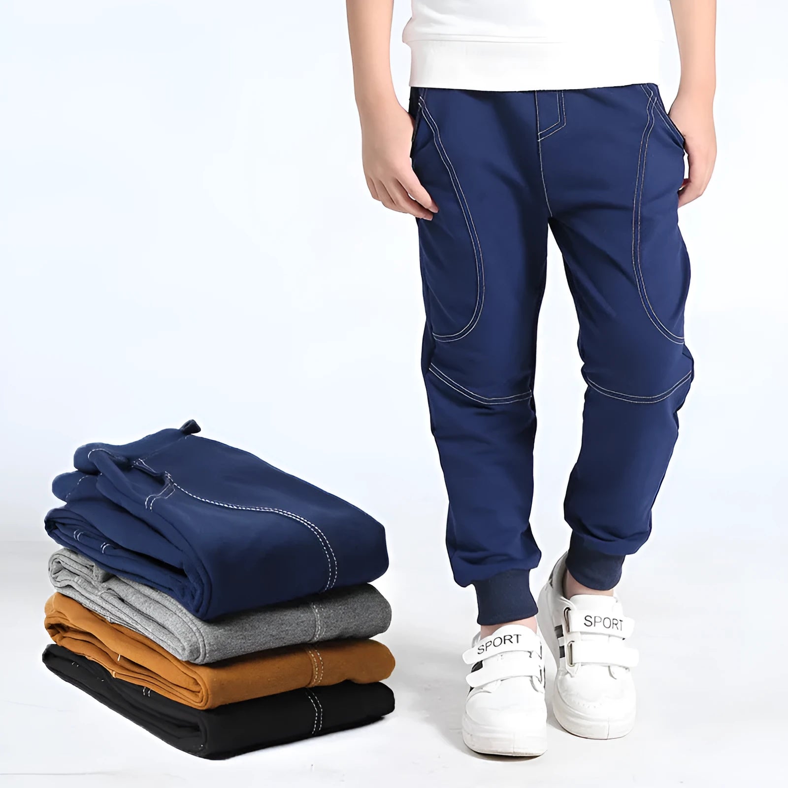 Boys' Korean-style sports trousers in black with elasticated waistband, sizes 120cm to 160cm