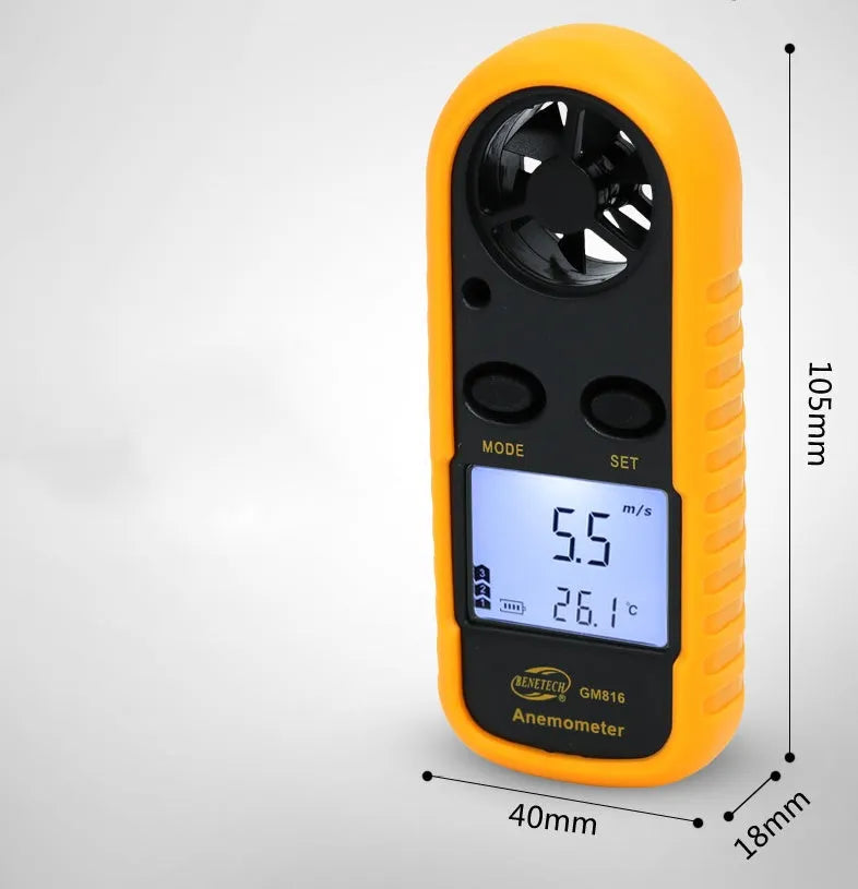 Biaozhi orange digital wind speed meter showing 105mm compact dimensions