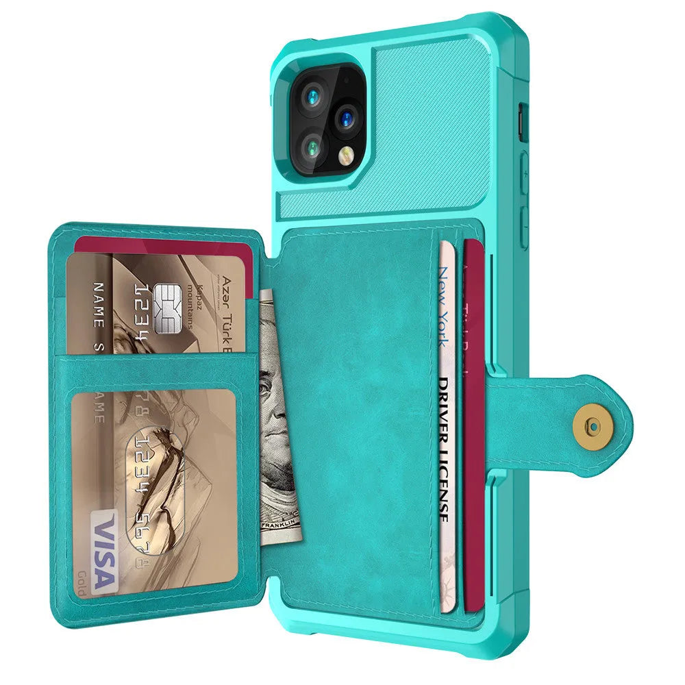 Imitation leather card wallet holder back cover phone case for iPhone in solid colour.