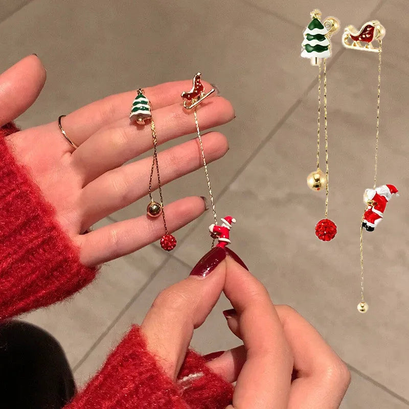Moving Santa Claus long tassel asymmetric drop earrings for women alloy festive Christmas design