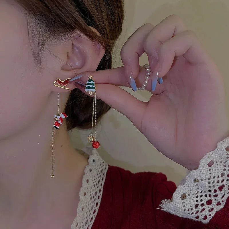Moving Santa Claus long tassel asymmetric drop earrings for women alloy festive Christmas design