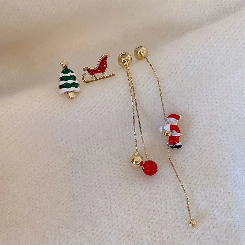 Moving Santa Claus long tassel asymmetric drop earrings for women alloy festive Christmas design