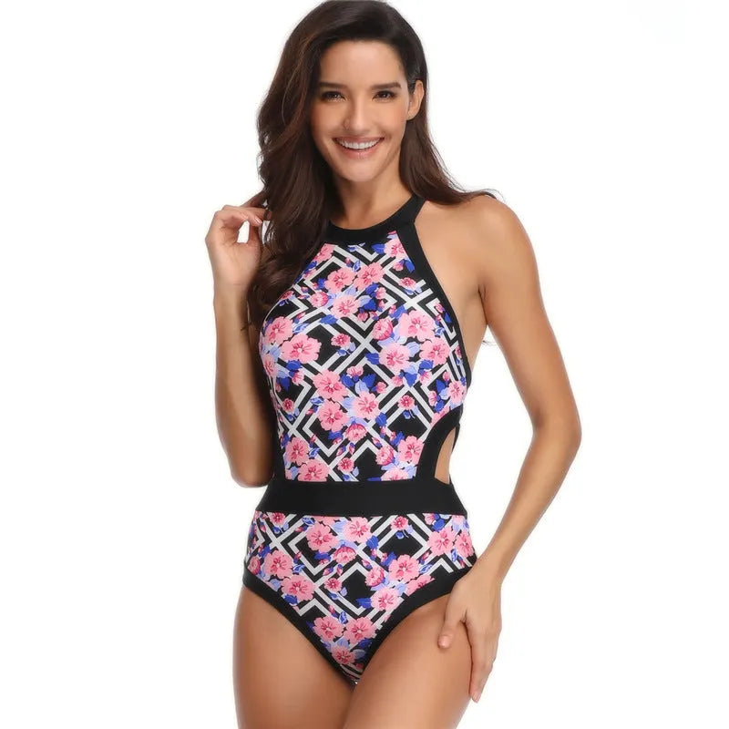 Women's blue nylon swimsuit with Japanese floral pattern, front view