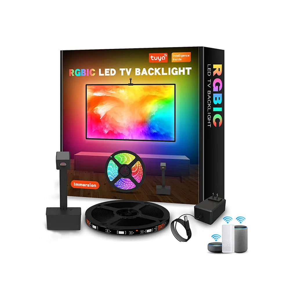 Graffiti APP smart TV backlight strip with camera controller and remote on black background