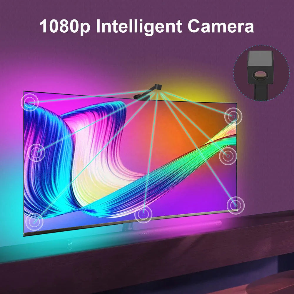 Graffiti APP smart TV backlight strip with camera controller and remote on black background