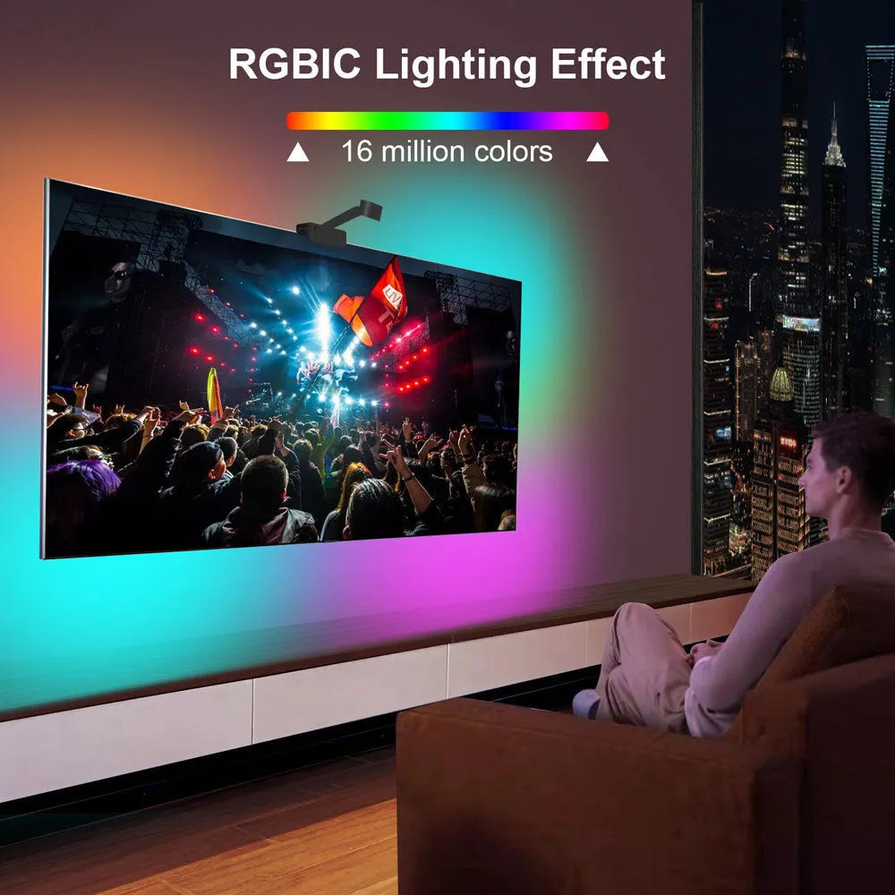 Graffiti APP smart TV backlight strip with camera controller and remote on black background