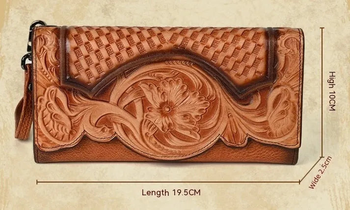 Women's brown tri-fold leather wallet with an embossed floral pattern, shown open to reveal compartments.