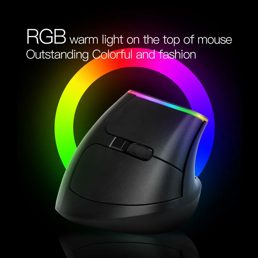 Black and white M618C wireless vertical ergonomic mouse with RGB lighting on a desk.