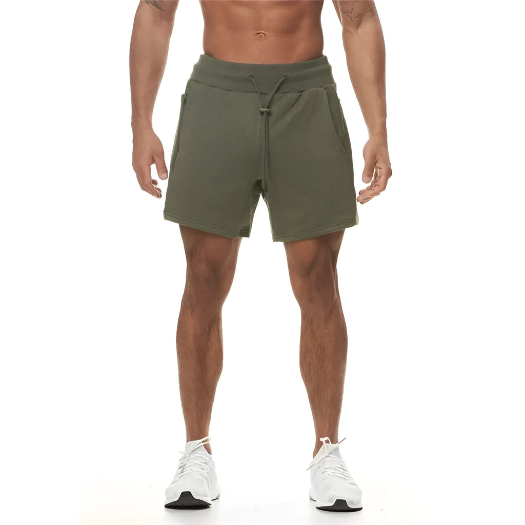 Summer men's multi-pocket sports shorts in green with mid waist cotton blend lining