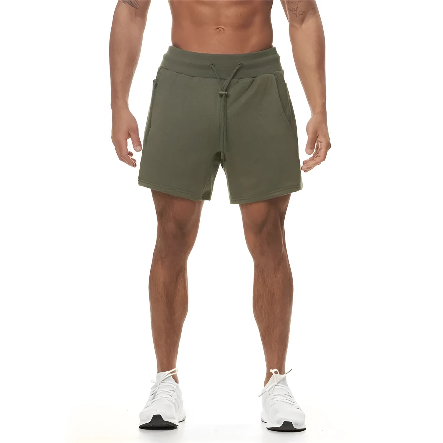 Summer men's multi-pocket sports shorts in green with mid waist cotton blend lining