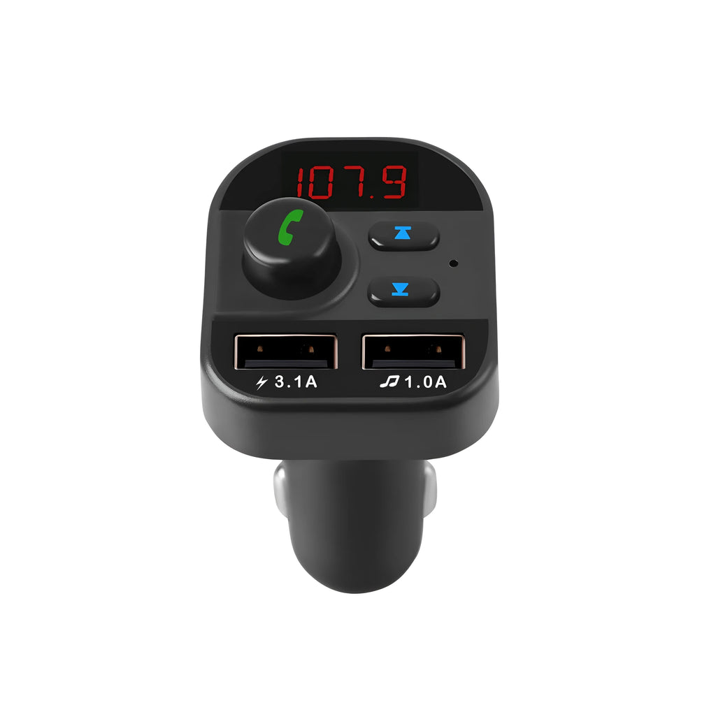 Black ABS car MP3 Bluetooth player, model 805, with 1.1-inch monochrome screen and cigarette lighter plug.
