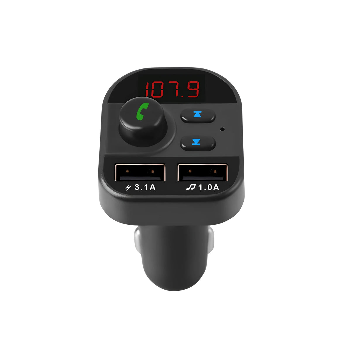 Black ABS car MP3 Bluetooth player, model 805, with 1.1-inch monochrome screen and cigarette lighter plug.