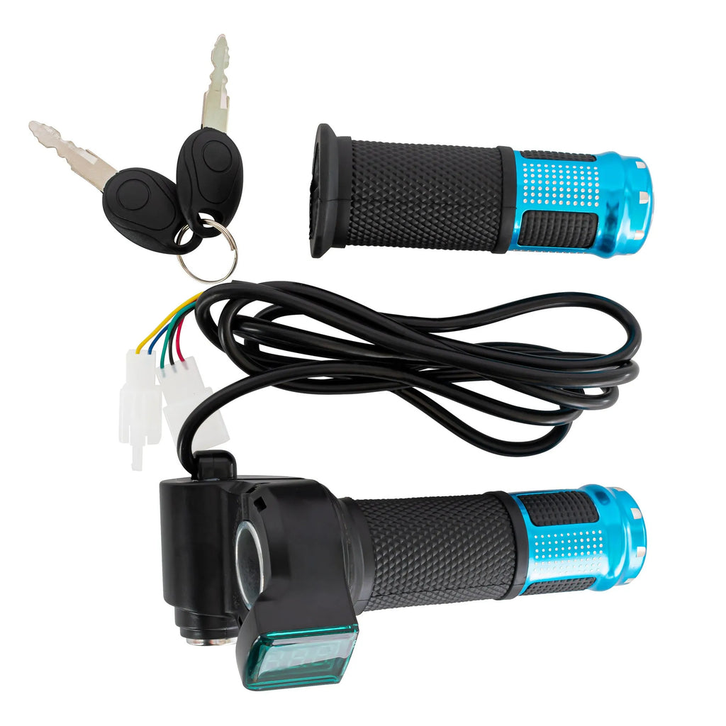 Electric vehicle handlebar grip switch controller in blue, red, silver, or yellow colours