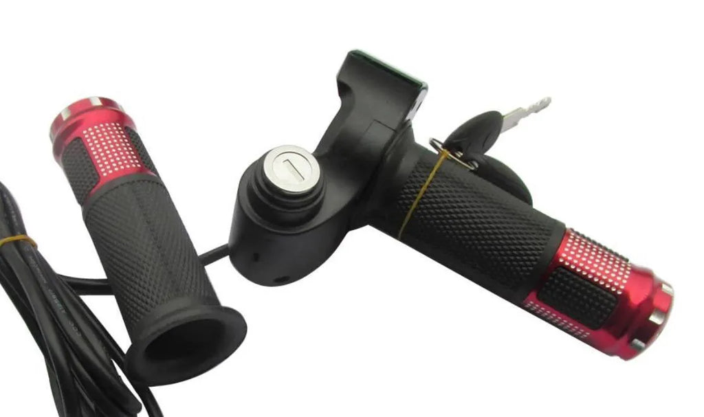 Electric vehicle handlebar grip switch controller in blue, red, silver, or yellow colours