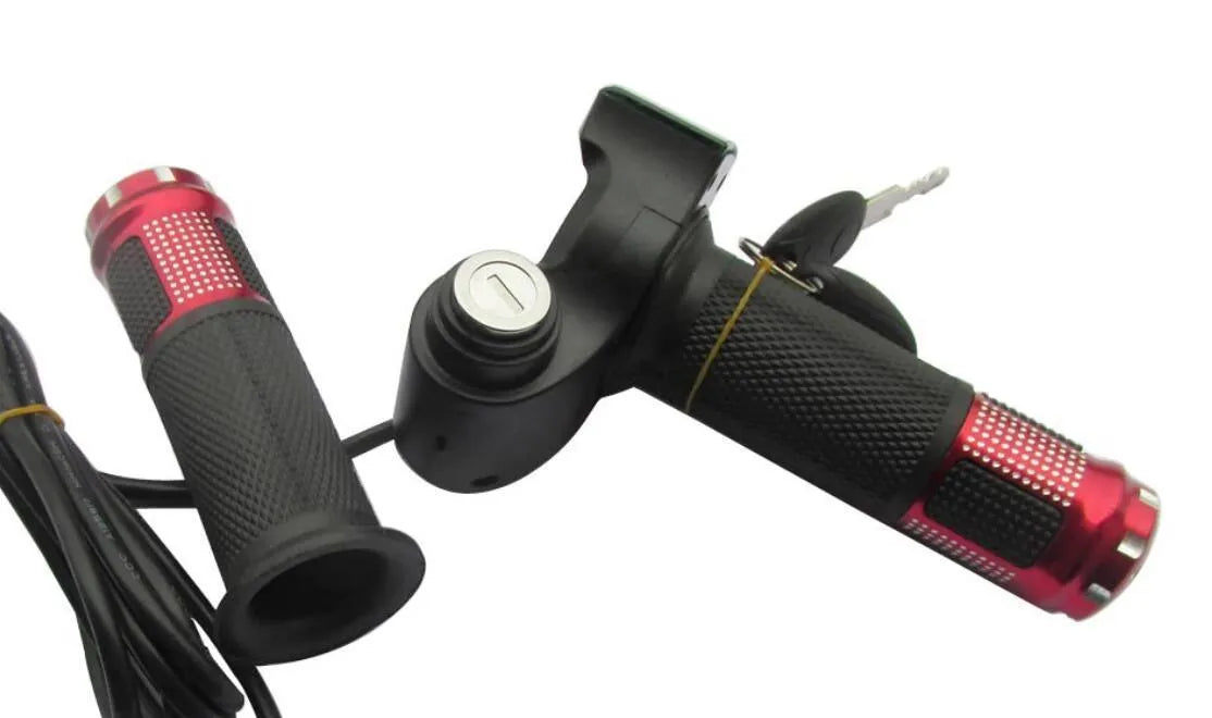 Electric vehicle handlebar grip switch controller in blue, red, silver, or yellow colours