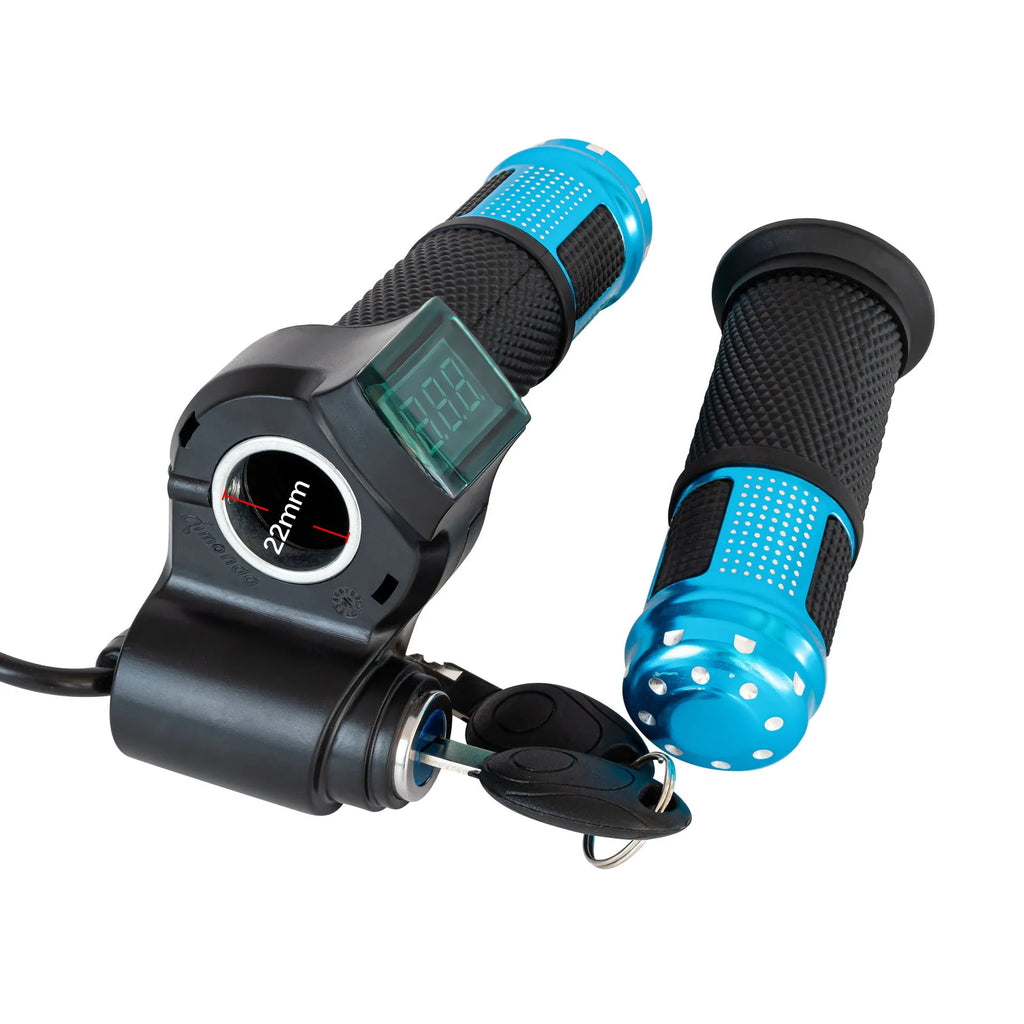 Electric vehicle handlebar grip switch controller in blue, red, silver, or yellow colours