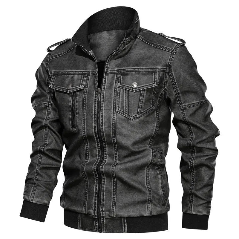European and American style men's PU leather coat in blue with side pockets and regular fit