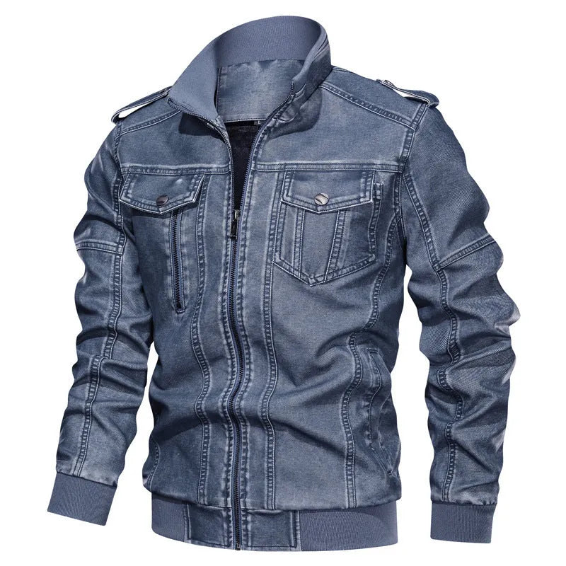 European and American style men's PU leather coat in blue with side pockets and regular fit