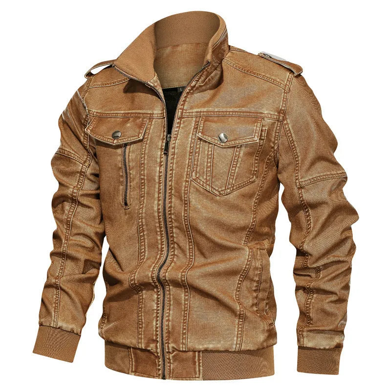 European and American style men's PU leather coat in blue with side pockets and regular fit