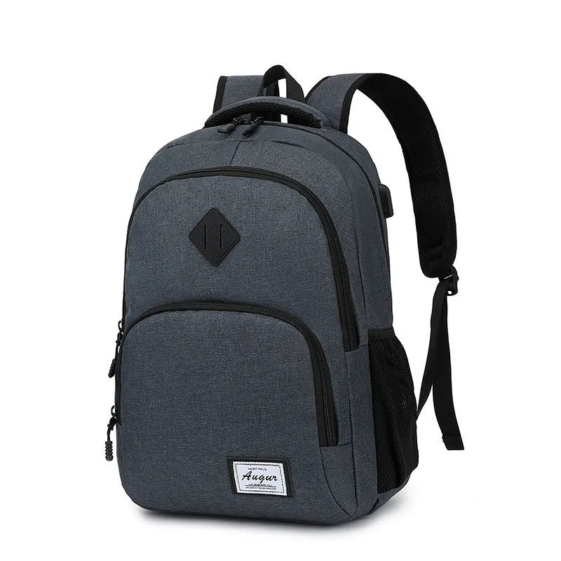 Lightweight laptop backpack with USB charging port in grey colour, showing dimensions and trolley case compatibility