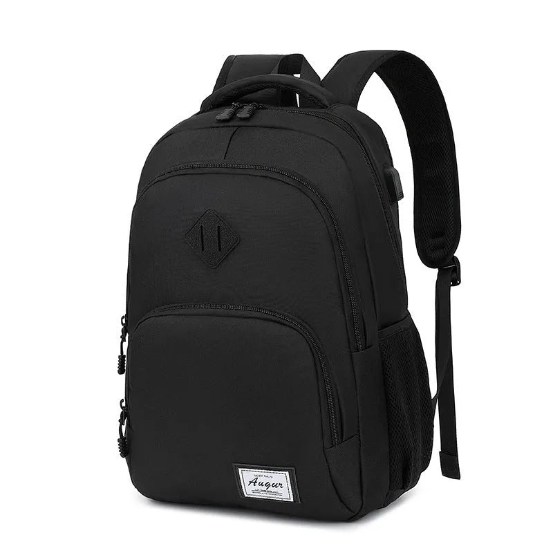 Lightweight laptop backpack with USB charging port in grey colour, showing dimensions and trolley case compatibility