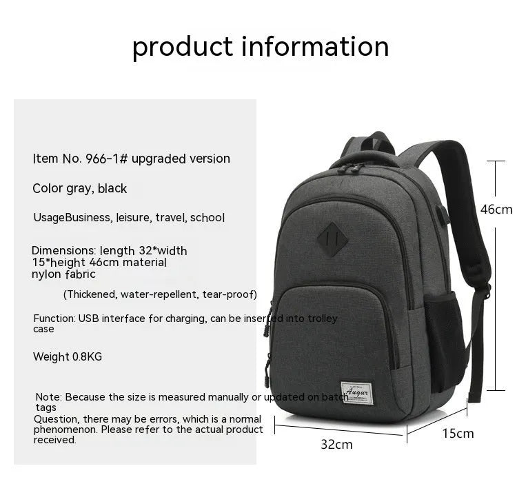 Lightweight laptop backpack with USB charging port in grey colour, showing dimensions and trolley case compatibility