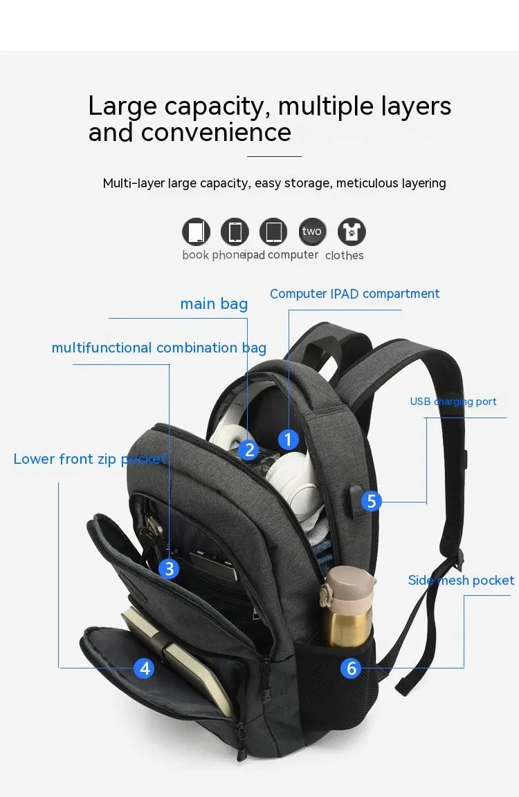 Lightweight laptop backpack with USB charging port in grey colour, showing dimensions and trolley case compatibility