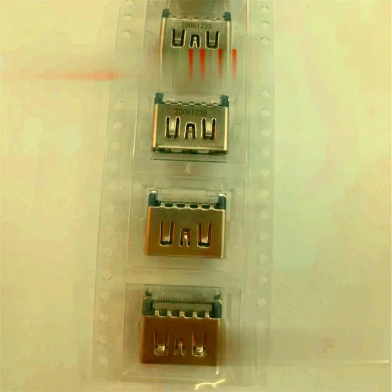 Silver metal HDMI host interface socket connector with mounting holes.