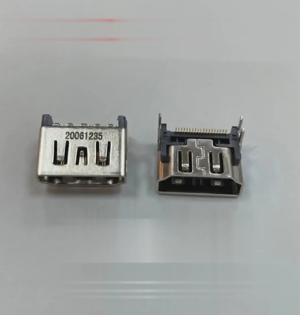 Silver metal HDMI host interface socket connector with mounting holes.